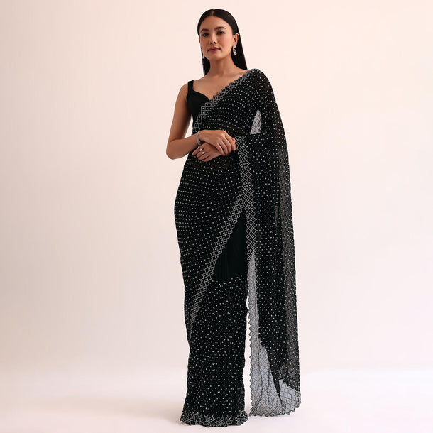 Black Georgette Saree With Stone Embroidery And Unstitched Blouse