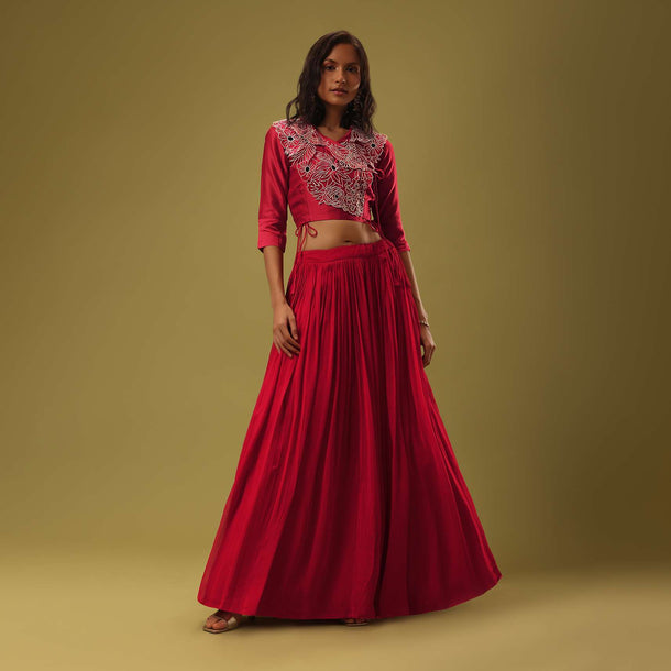 Red Georgette Skirt & Blouse Set With Rehsam Embroiderey