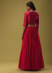 Red Georgette Skirt & Blouse Set With Rehsam Embroiderey