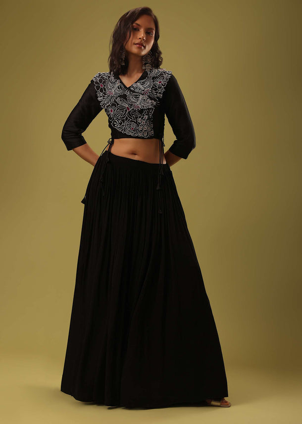 Black Georgette Skirt & Blouse Set With Resham Embroidery