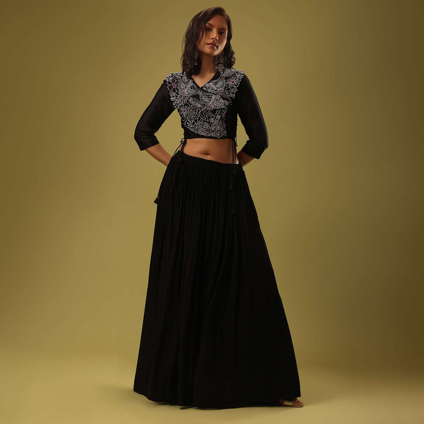 Black Georgette Skirt & Blouse Set With Resham Embroidery