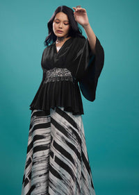 Black Georgette Top With White And Black Striped Palazzo In Satin