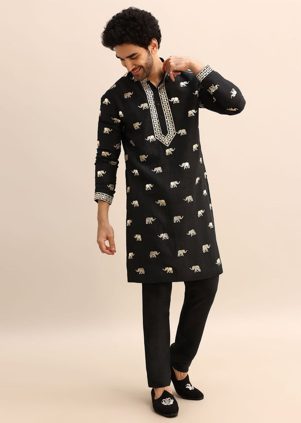 Black Gold Foil Applique Motifs Work Kurta Set