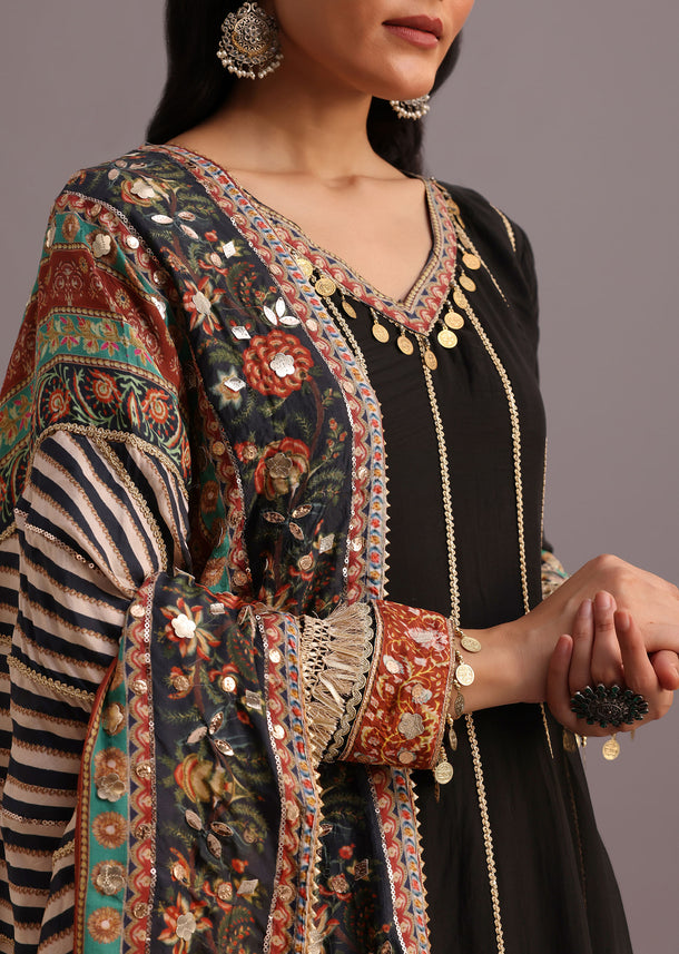 Black Gotta Work Anarkali Suit With Printed Dupatta