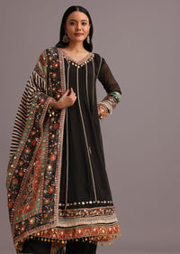 Black Gotta Work Anarkali Suit With Printed Dupatta