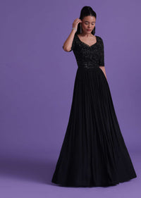 Black Gown In Chinon With Cut Dana, Beads, And Sequins Work