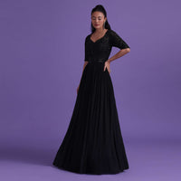 Black Gown In Chinon With Cut Dana, Beads, And Sequins Work