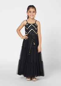 Kalki Girls Black Gown In Embroidered Net With Zig Zag Detailing And Strap Sleeves By Mini Chic