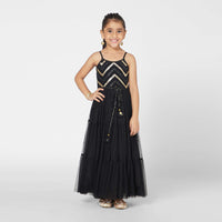 Kalki Girls Black Gown In Embroidered Net With Zig Zag Detailing And Strap Sleeves By Mini Chic