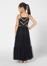 Kalki Girls Black Gown In Embroidered Net With Zig Zag Detailing And Strap Sleeves By Mini Chic