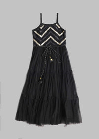 Kalki Girls Black Gown In Embroidered Net With Zig Zag Detailing And Strap Sleeves By Mini Chic