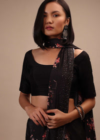 Black Half-Sleeveless Blouse In Scallop Neckline Raw Silk With Back Hook Closure.Padded With A Straight  Hemline