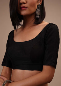 Black Half-Sleeveless Blouse In Scallop Neckline Raw Silk With Back Hook Closure.Padded With A Straight  Hemline