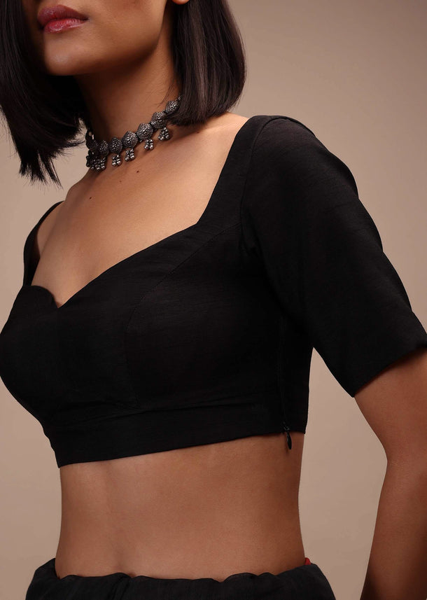 Black Half Sleeves Blouse Ina  Sweetheart Neckline  Straight Hemline With Back Zip Closure