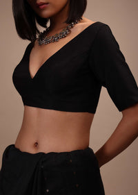 Black Half Sleeves Blouse In Curved V-Neckline Tie-Up Tassel Dori With Back Hook Closure