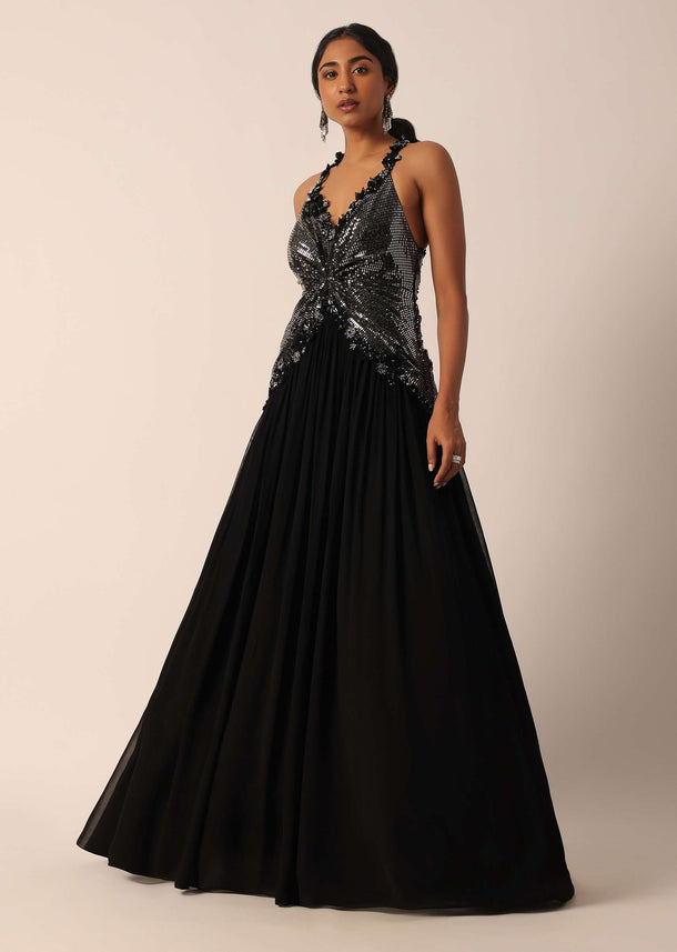 Black Halter Chiffon Gown With Cutdana Work