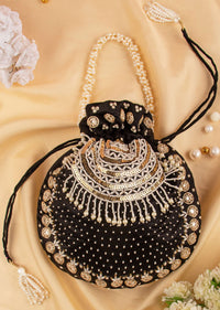 Black Hand Embroidered Potli In Raw Silk