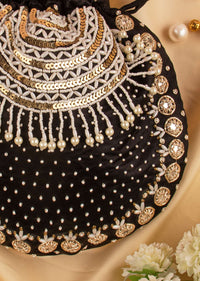 Black Hand Embroidered Potli In Raw Silk