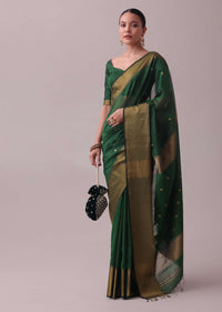 Forest Green Handloom Chanderi Cotton Silk Saree With Zari Work