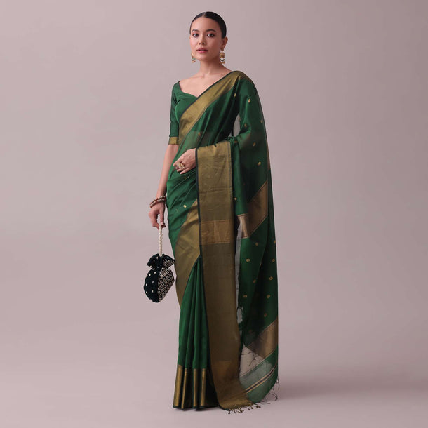 Forest Green Handloom Chanderi Cotton Silk Saree With Zari Work