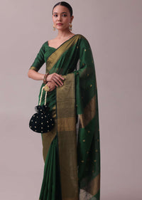 Forest Green Handloom Chanderi Cotton Silk Saree With Zari Work