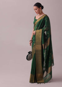 Forest Green Handloom Chanderi Cotton Silk Saree With Zari Work