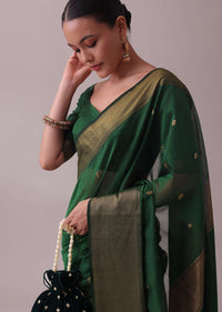 Forest Green Handloom Chanderi Cotton Silk Saree With Zari Work