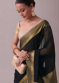 Black Handloom Saree In Chanderi Silk And Cotton With Zari Work