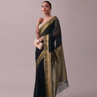 Black Handloom Saree In Chanderi Silk And Cotton With Zari Work