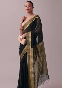 Black Handloom Saree In Chanderi Silk And Cotton With Zari Work