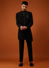 Black Indo-Western Sherwani Set Embroidered In Imported Suiting Fabric