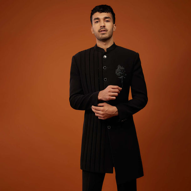 Black Indo-Western Sherwani Set Embroidered In Imported Suiting Fabric