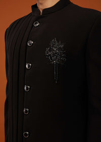 Black Indo-Western Sherwani Set Embroidered In Imported Suiting Fabric