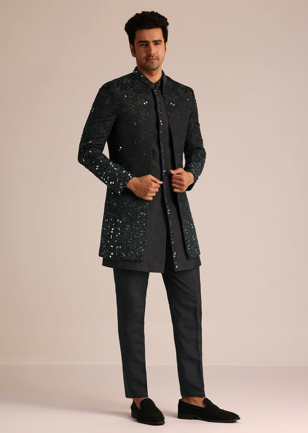 Black Indo Western Set With Mirror Work