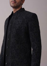 Black Indowestern Achkan Jacket Set In Silk With Moti Embroidery