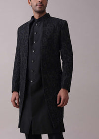 Black Indowestern Achkan Jacket Set In Silk With Moti Embroidery