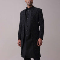 Black Indowestern Achkan Jacket Set In Silk With Moti Embroidery