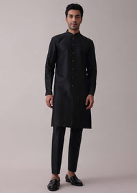 Black Indowestern Achkan Jacket Set In Silk With Moti Embroidery