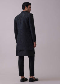 Black Indowestern Achkan Jacket Set In Silk With Moti Embroidery