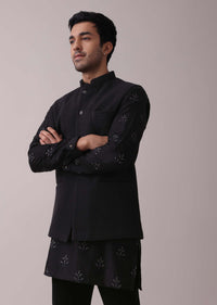 Black Indowestern Four-Piece Embroidered Achkan Jacket Set In Georgette