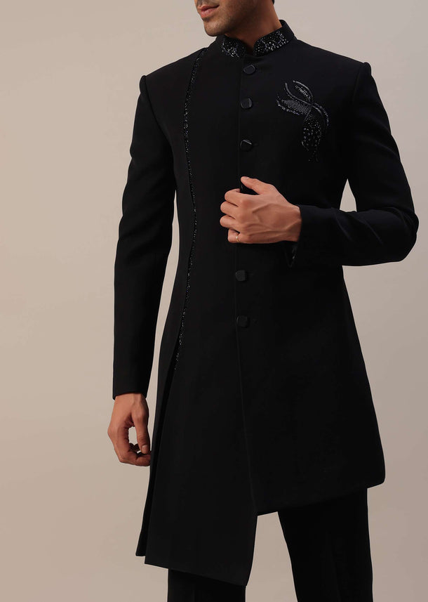 Black Indowestern In Suiting Fabric With Cut Dana Embroidery