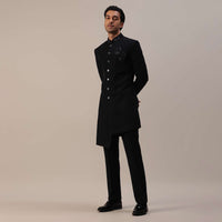 Black Indowestern In Suiting Fabric With Cut Dana Embroidery