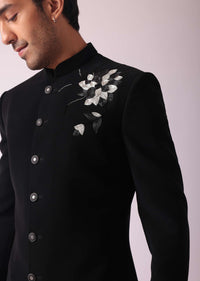 Black Embroidered Indowestern Suit With Mandarin Collar