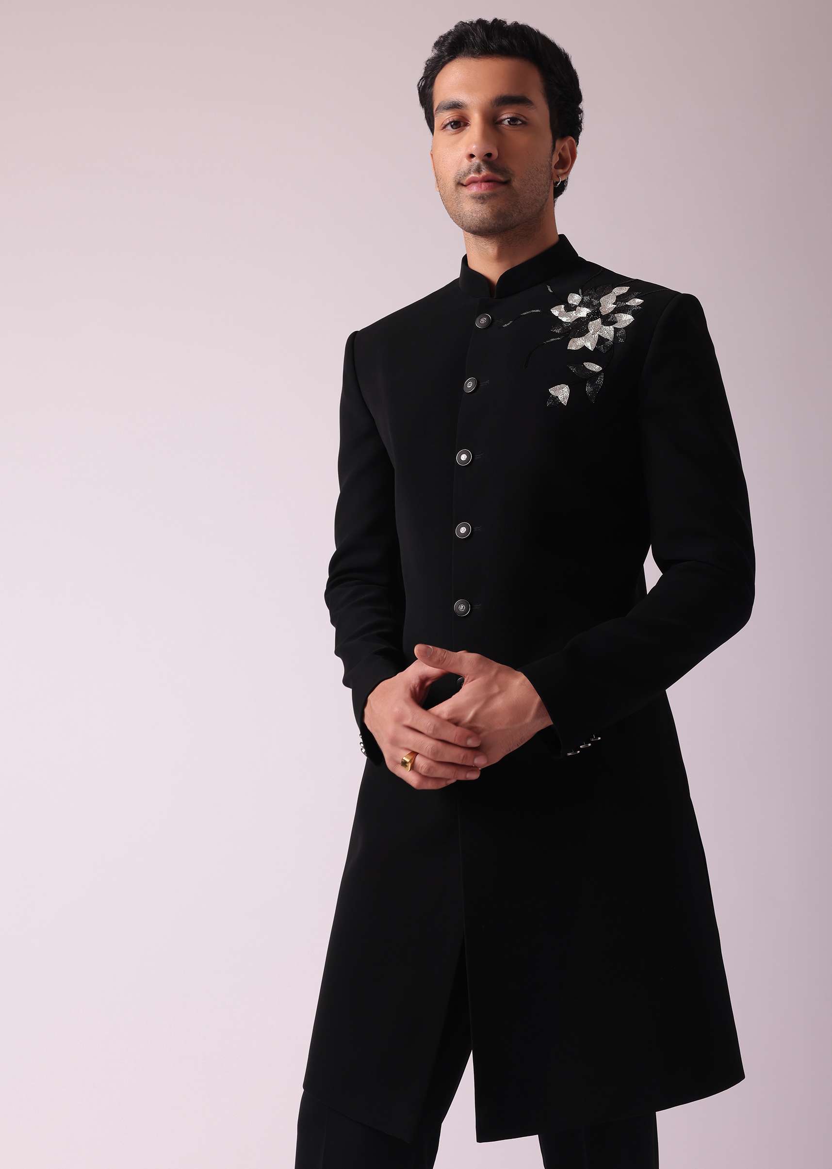 Black Embroidered Indowestern Suit With Mandarin Collar