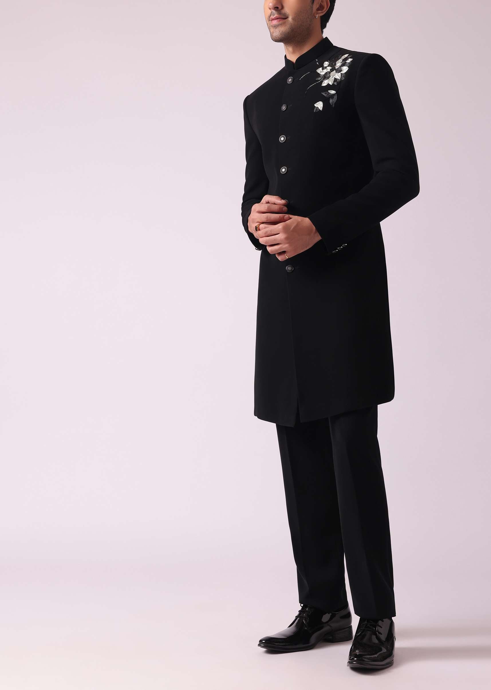 Black Embroidered Indowestern Suit With Mandarin Collar