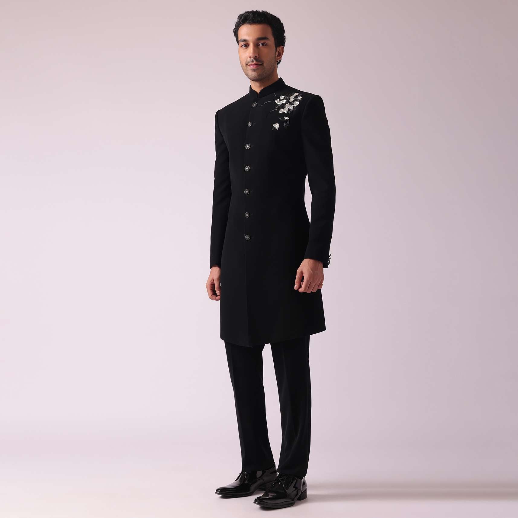 Black Embroidered Indowestern Suit With Mandarin Collar