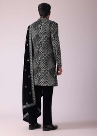 Black Sherwani In Velvet With Thread Embroidery