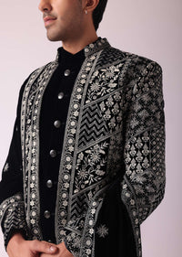 Black Sherwani In Velvet With Thread Embroidery