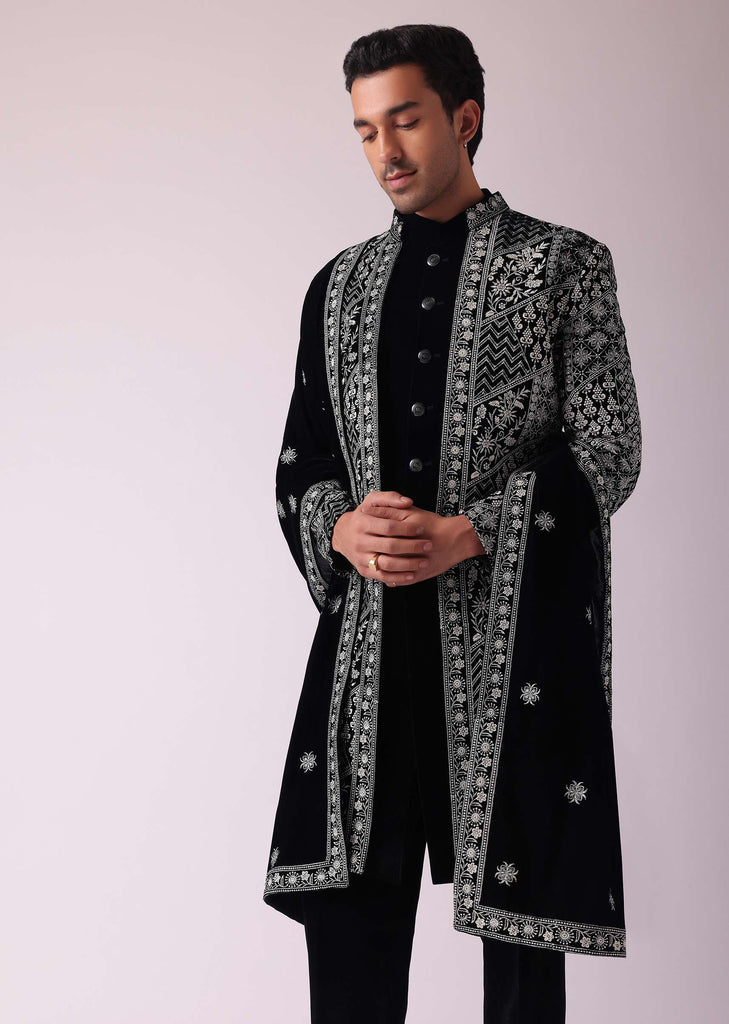 Black Sherwani In Velvet With Thread Embroidery