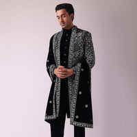 Black Sherwani In Velvet With Thread Embroidery